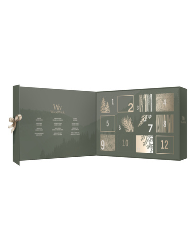 Geopende WoodWick Adventskalender 2026 met 12 vakjes