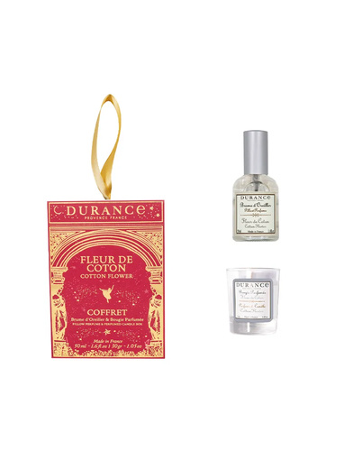 Durance Fleur de Coton geurkaars en kussenspray in cadeauverpakking